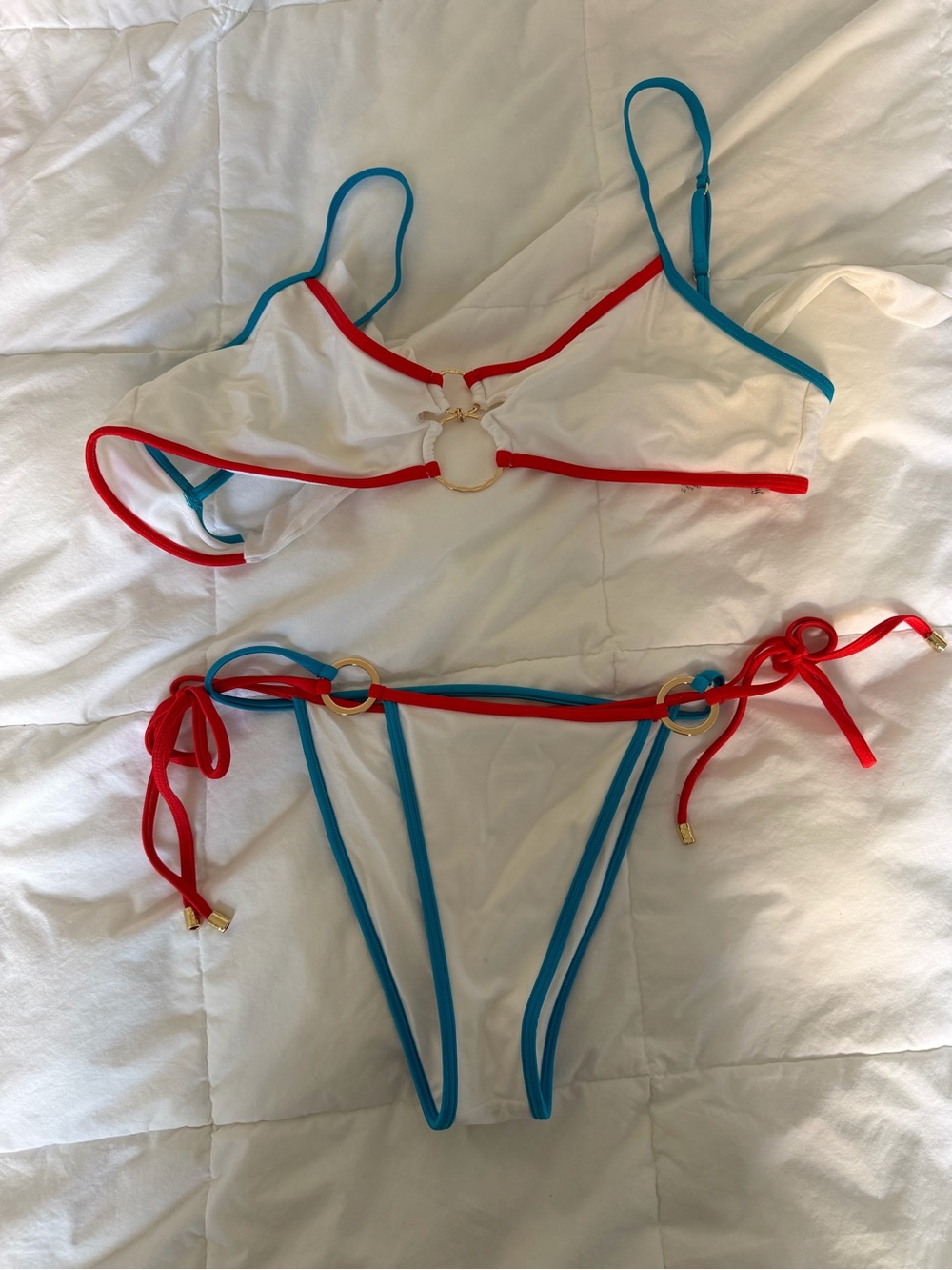 Beach Bunny White Bikini with Red & Teal Trim